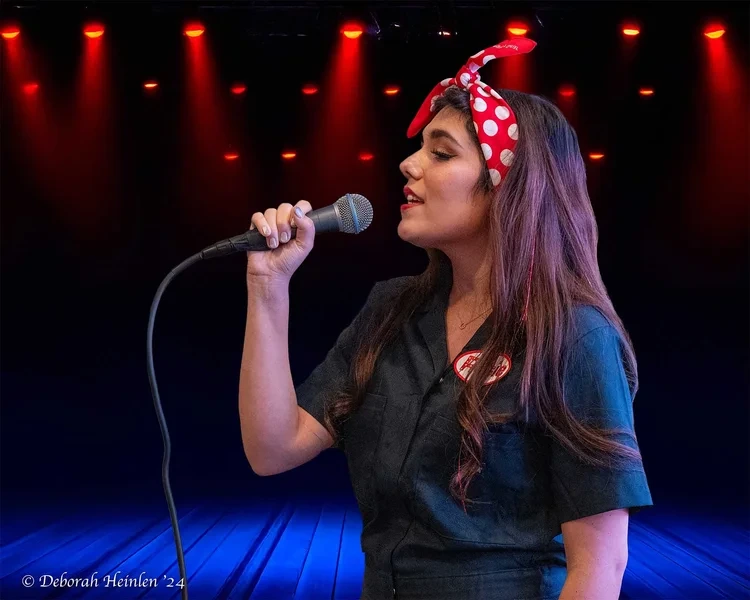 Corporate event entertainment photography by Deborah Heinlen Photography, Cincinnati — female performer singing on stage under dramatic red stage lighting