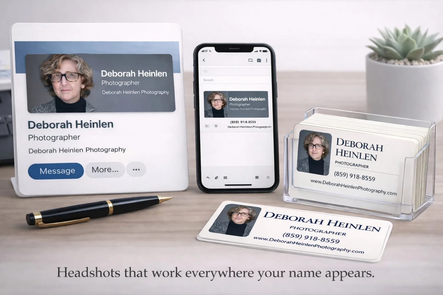 Professional headshot by Deborah Heinlen Photography displayed on LinkedIn, phone contact, and business cards — versatile Cincinnati headshot photography for professionals